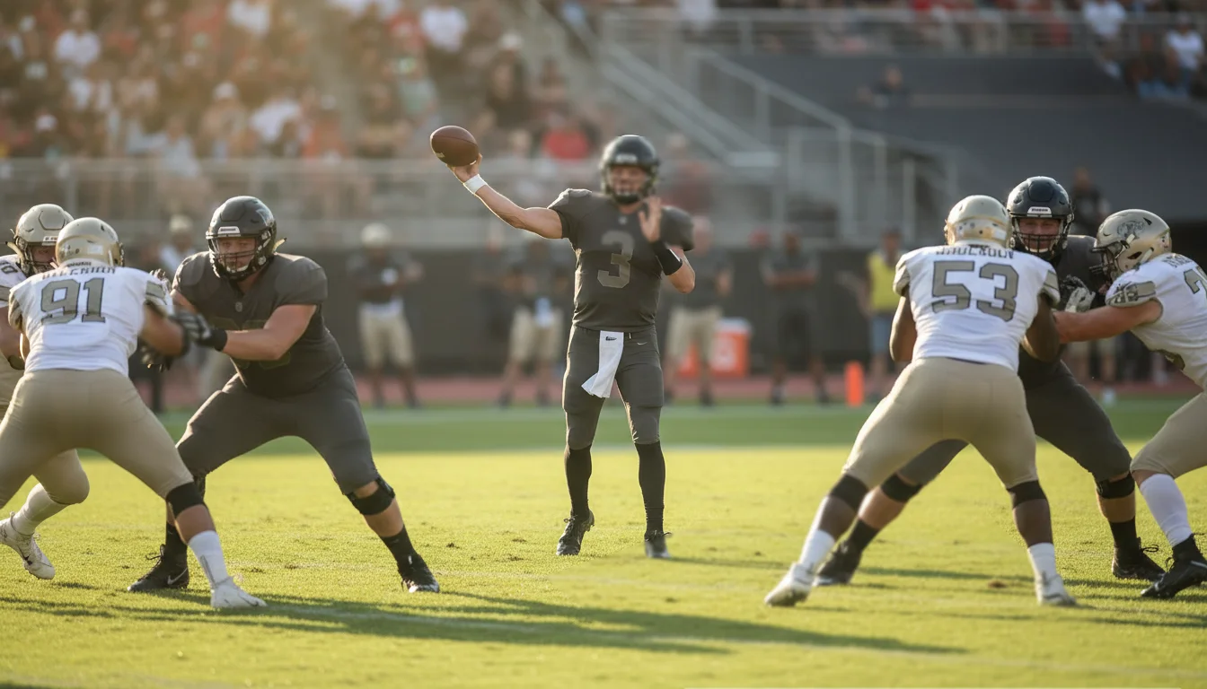 American-Football-Spielzug auf grünem Rasenfeld mit Spielern in voller Ausrüstung