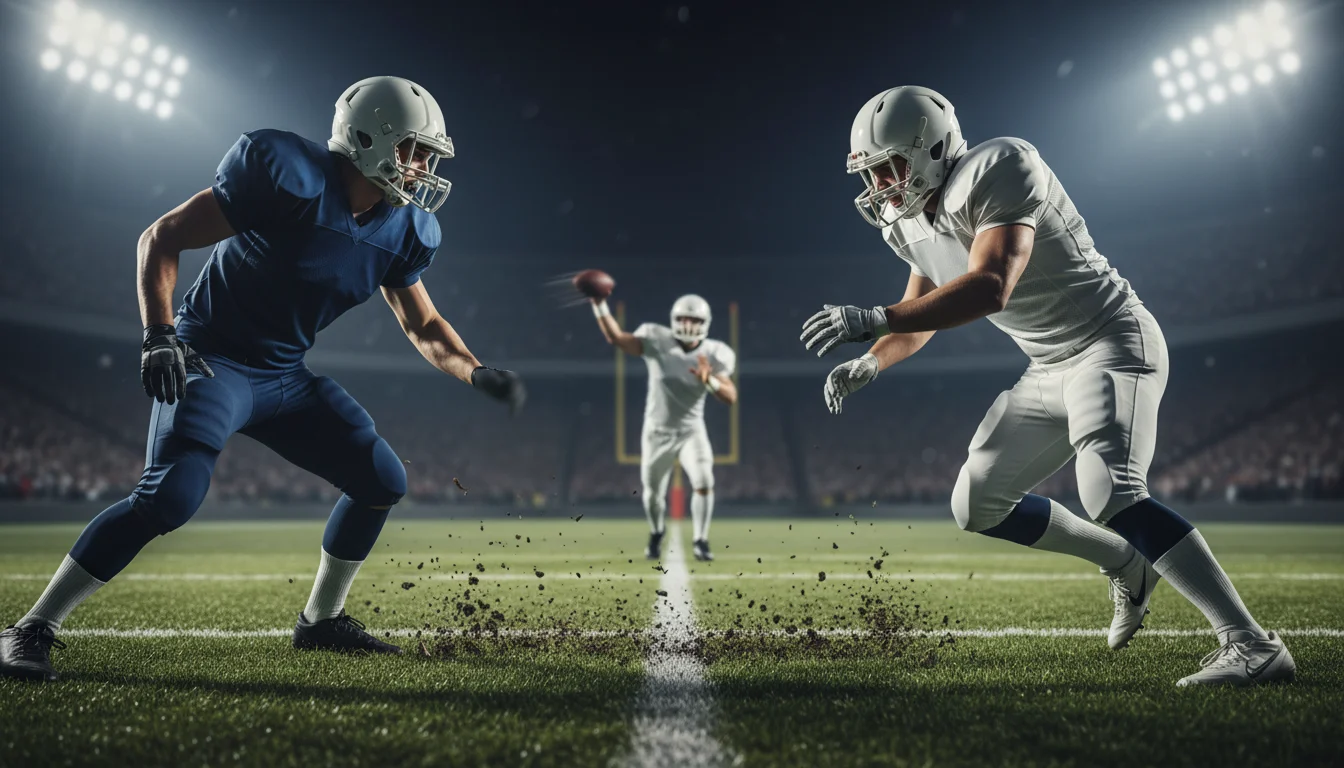 Nahaufnahme eines American-Football-Spielzugs bei Flutlicht – Symbolbild für NFL Live-Wetten