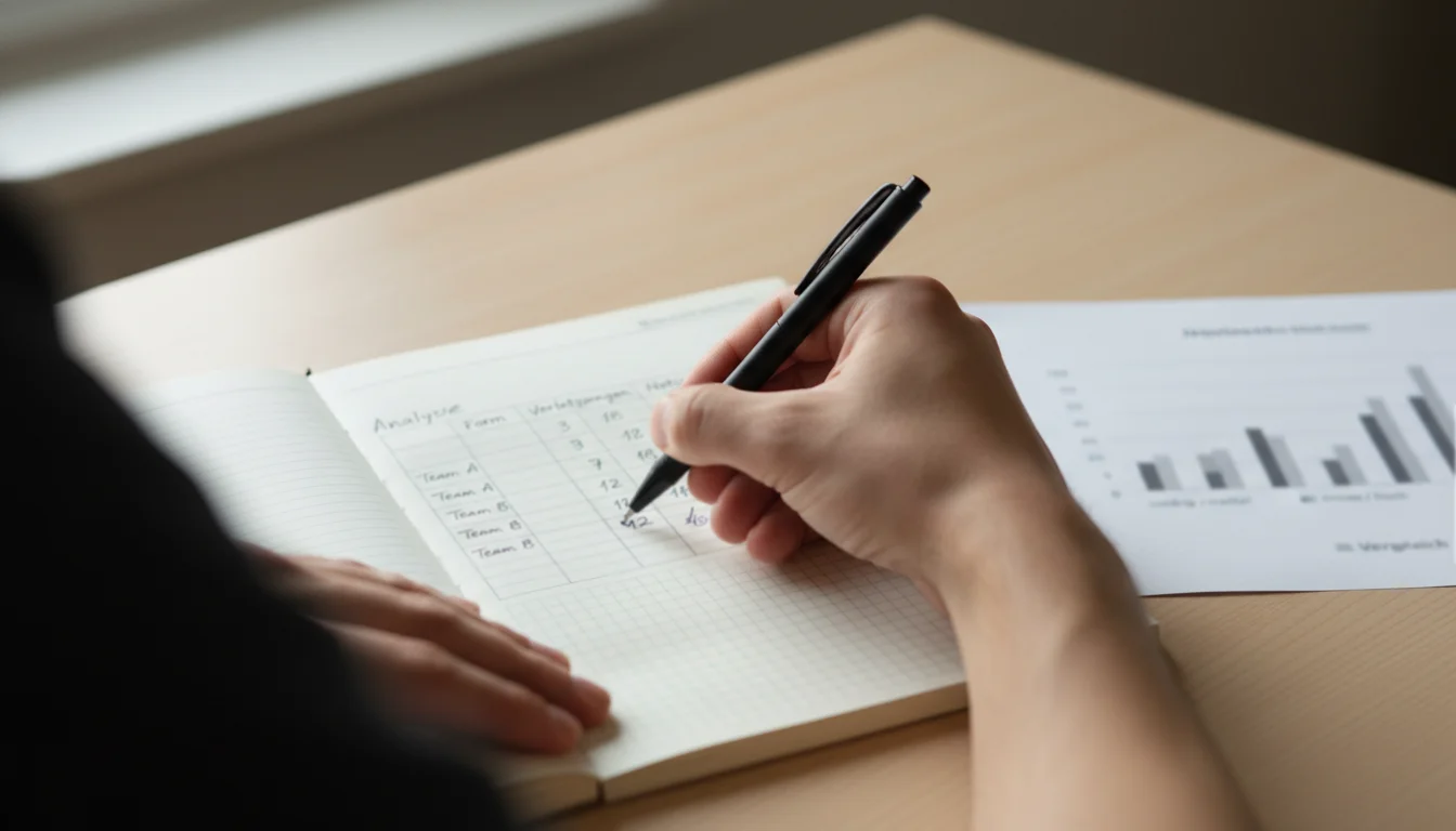Nahaufnahme eines Notizblocks mit handgeschriebener NFL-Spielanalyse und Stift