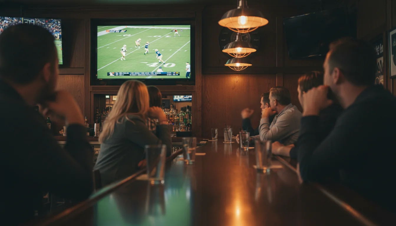 Sportbar mit NFL-Übertragung auf großem Bildschirm und Zuschauern
