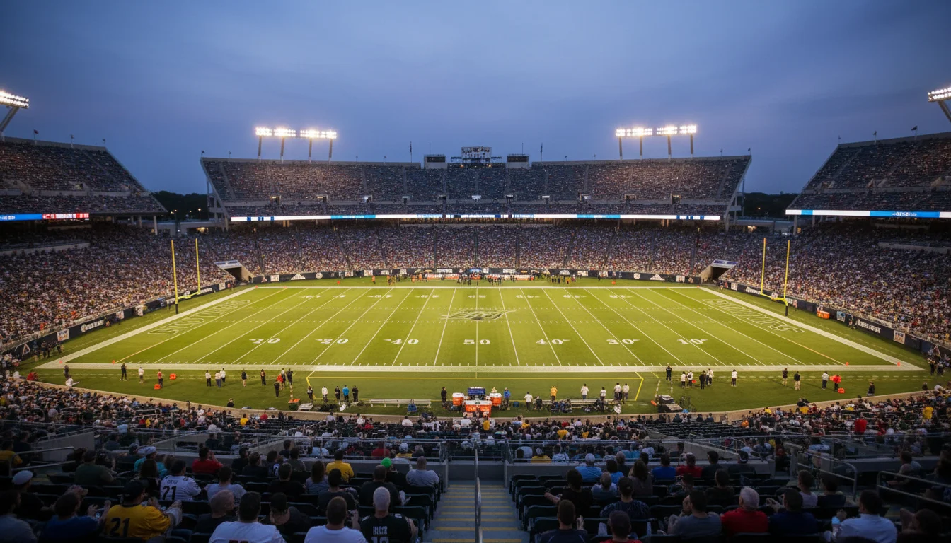 Blick vom Zuschauerrang auf ein beleuchtetes NFL-Stadion bei Abendstimmung – Symbolbild für NFL-Wetten-Einstieg