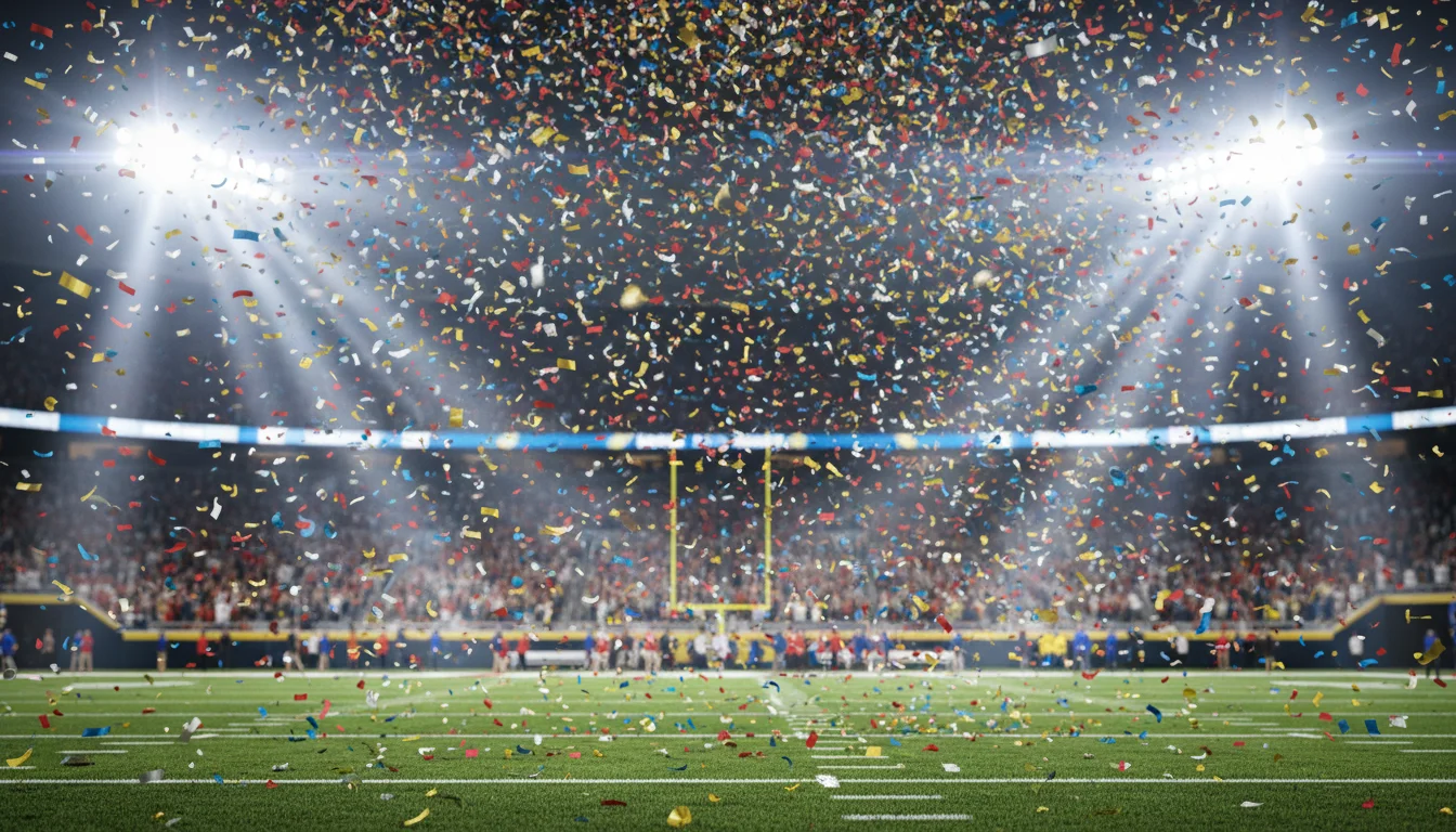 Konfettiregen über einem Football-Spielfeld nach dem Super-Bowl-Finale